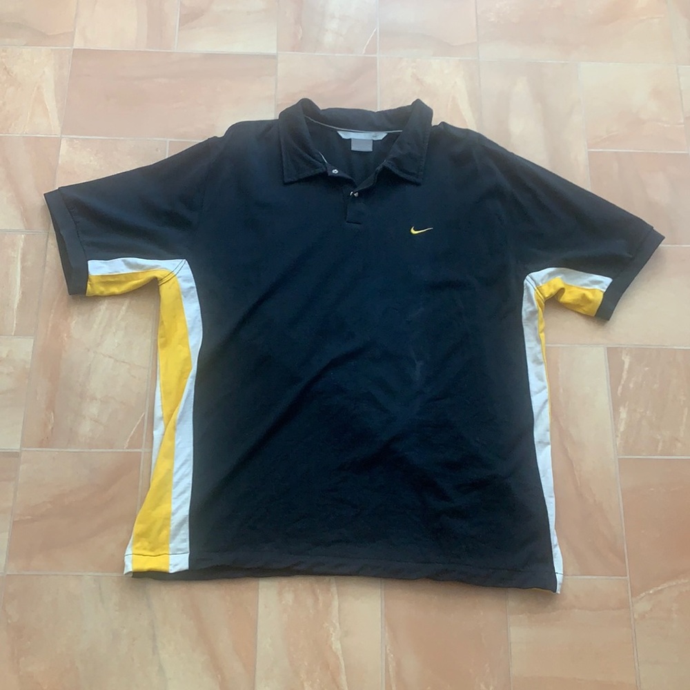 Nike Men's Black, White, & Yellow Striped Button Up Polo Short Sleeve Shirt